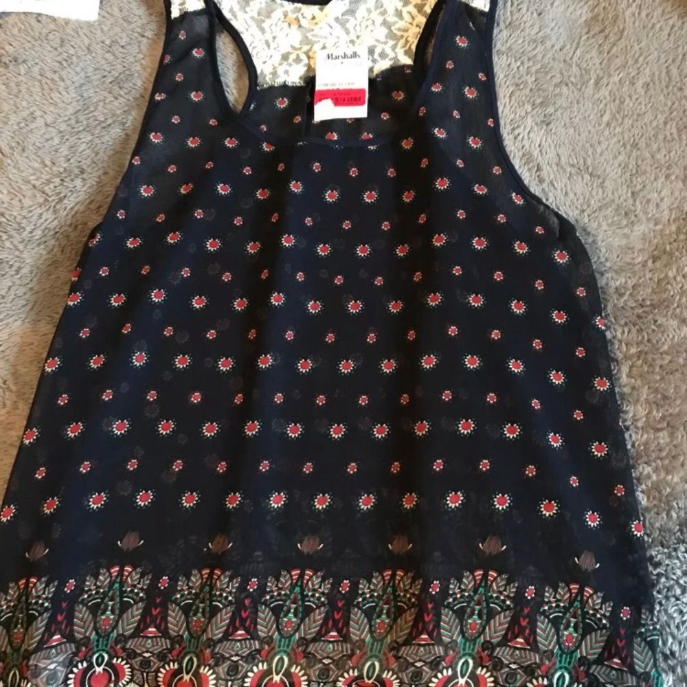 Sheer navy tank with floral